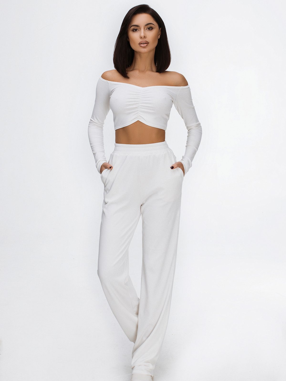 knitted white off the shoulder mod tracksuit
