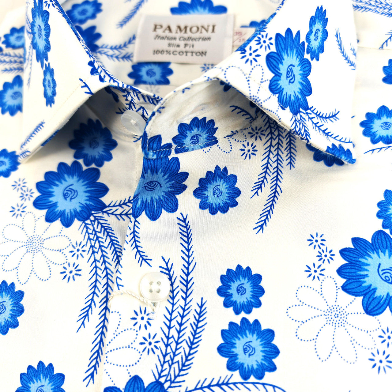 White and Blue Floral Print Short Sleeves Shirt-2
