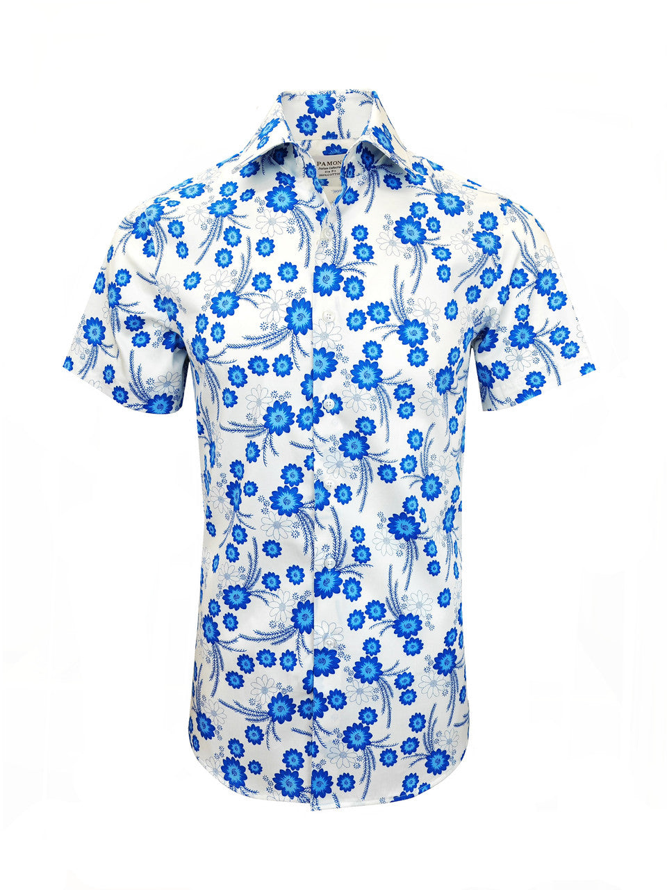 White and Blue Floral Print Short Sleeves Shirt-0