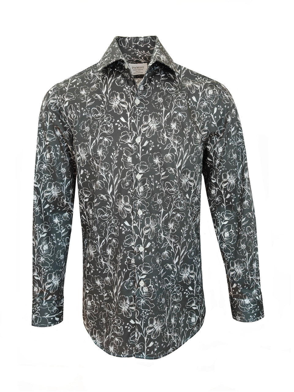 Men's Slim Fit Grey Monochrome Floral Pattern Shirt-0