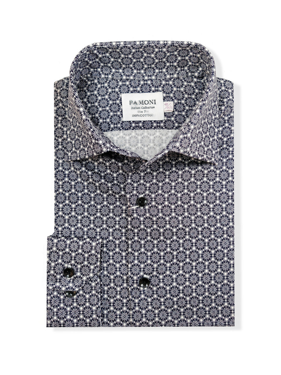 Men’s Navy & White Micro Floral Print Slim Fit Shirt – 100% Cotton-1