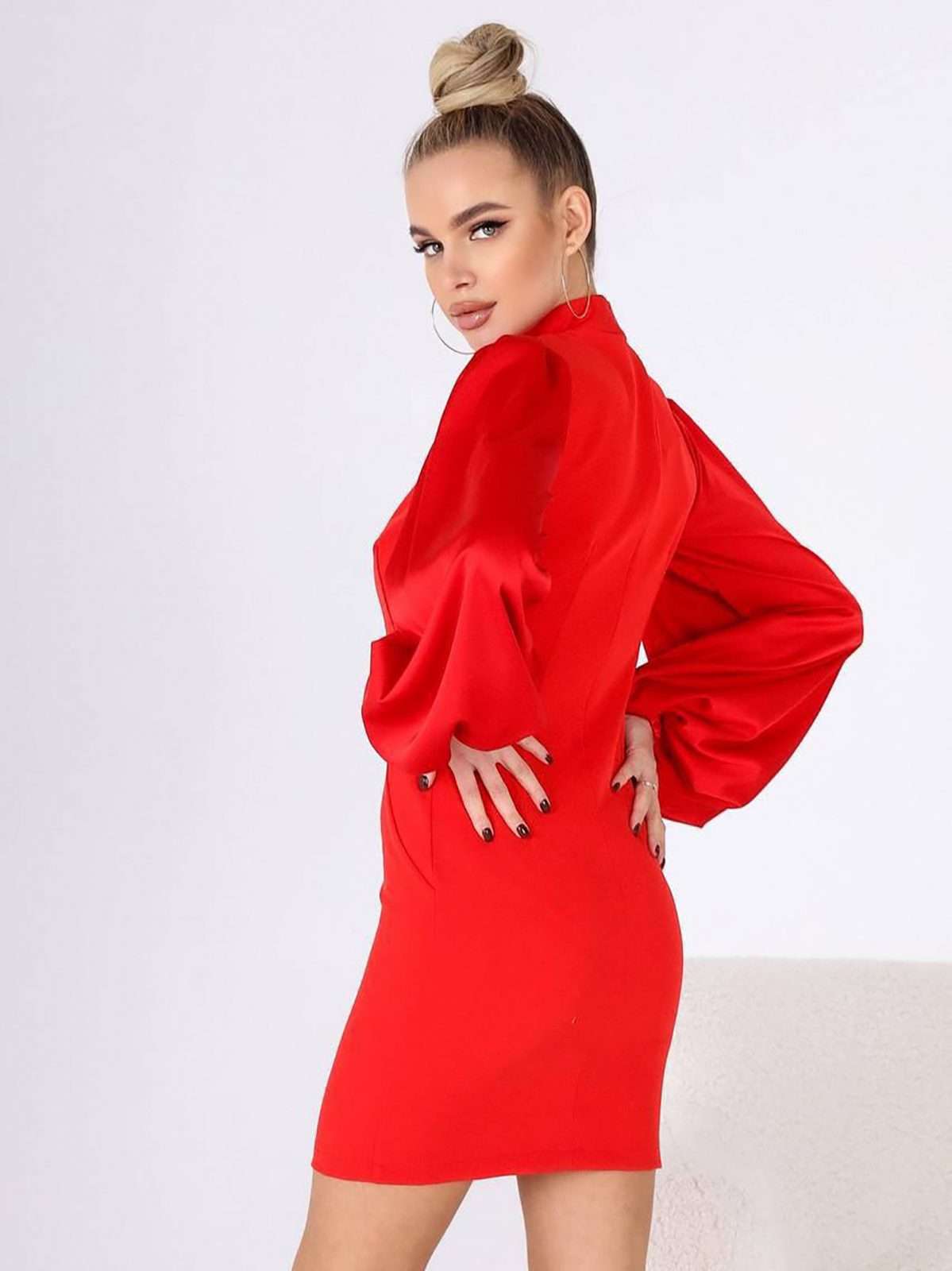 Mock Neck Puffed Satin Sleeve Body-con Mini Dress-15