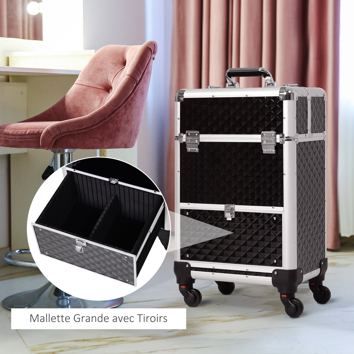 Valise trolley maquillage mallette cosmétique vanity poignée télescopique réglable 34L x 25l x 62H cm alu. noir