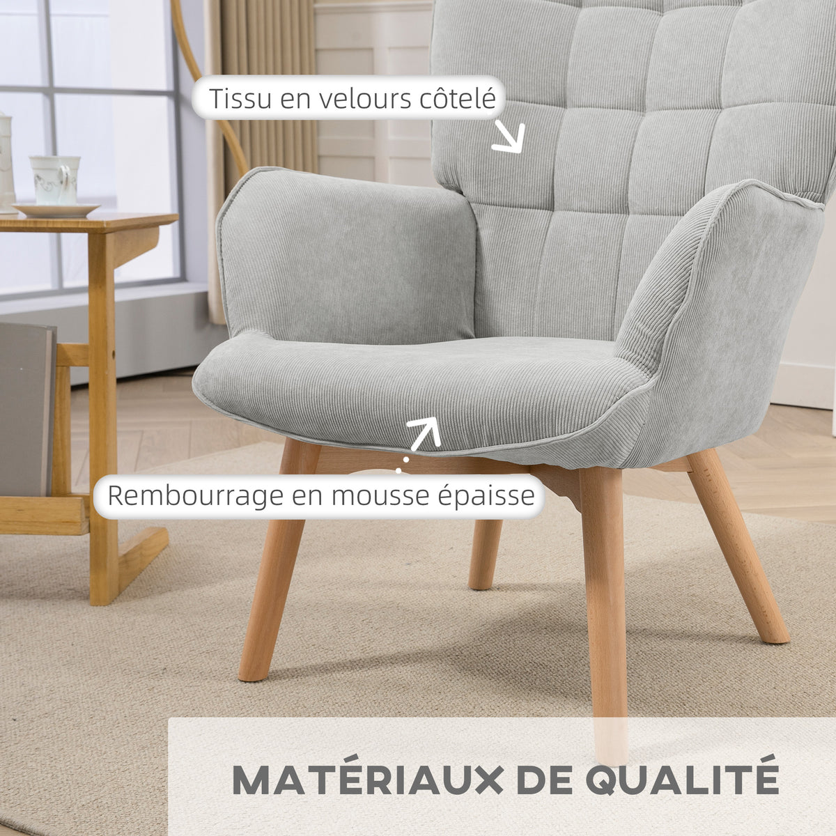Fauteuil avec repose-pieds, dossier haut, pieds en bois et tissu aspect velours côtelé, pour salon chambre à coucher gris
