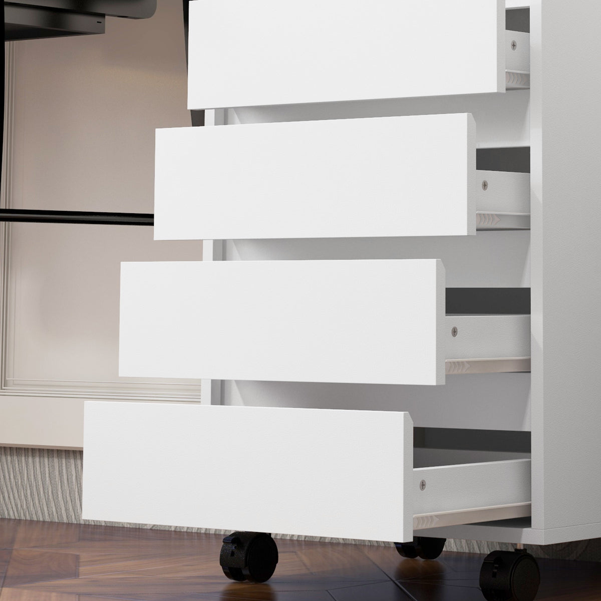 Caisson de bureau de rangement à roulettes avec 4 tiroirs coulissants en bois, aspect bois blanc