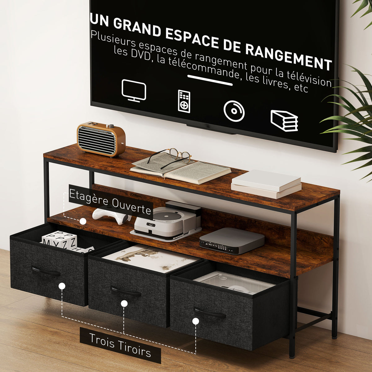 Meuble TV, meuble TV pour téléviseur jusqu'à 55 pouces avec 3 tiroirs et pieds en acier 120 x 29 x 56 cm brun rustique