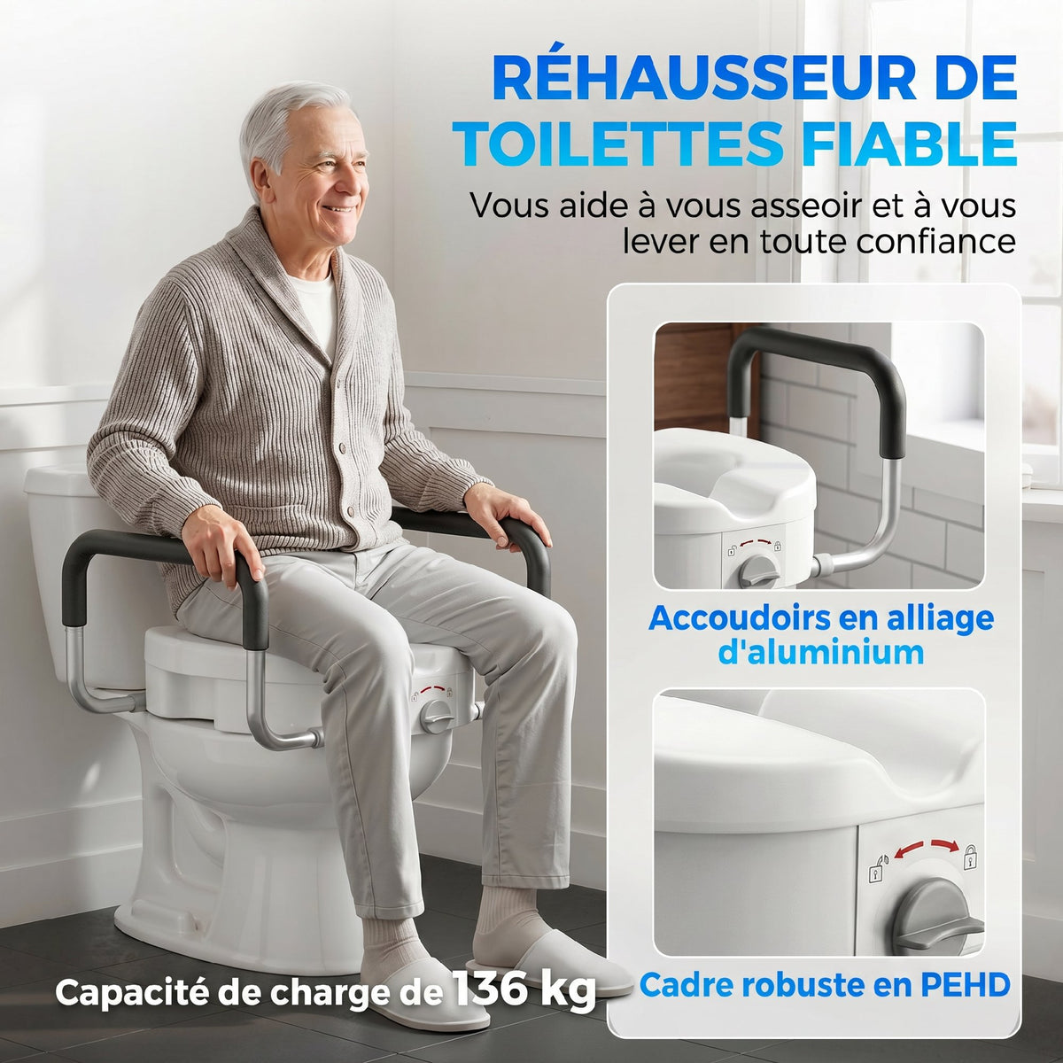 Rehausseur de siège de toilettes avec poignées, largeur réglable, accoudoirs rembourrés, blanc