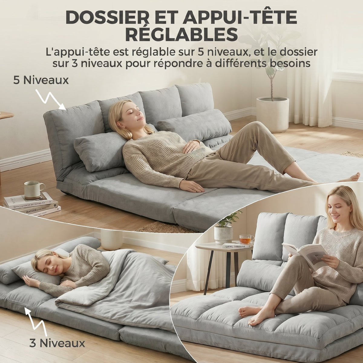 Chauffeuse 2 places canapé-lit convertible fauteuil de sol pliable dossier réglable 2 coussins inclus en polyester aspect daim, pour salon, chambre et bureau, gris