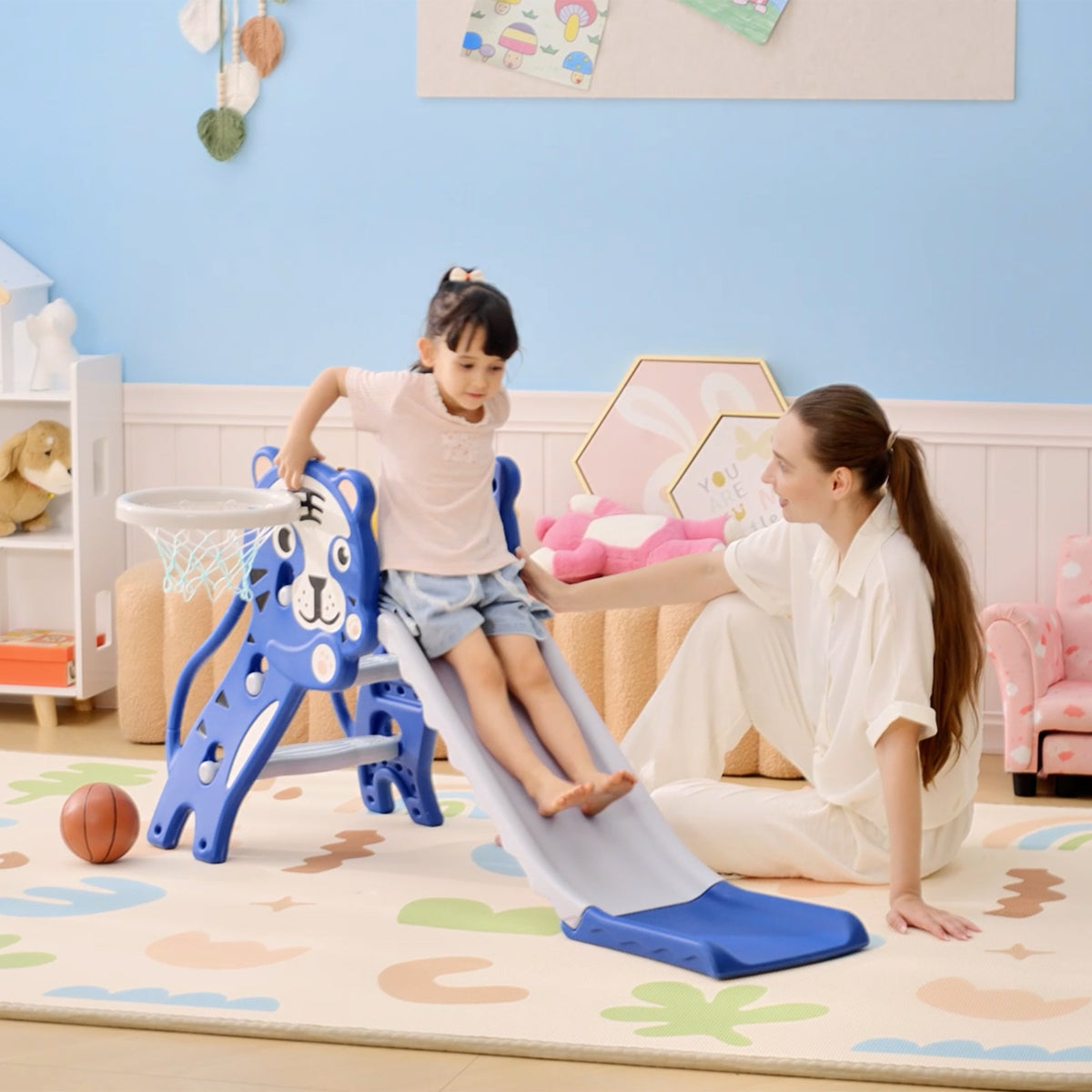 Tobogã infantil, escorrega infantil interior, com cesto de basquetebol, tema tigre, 18-36 meses, azul