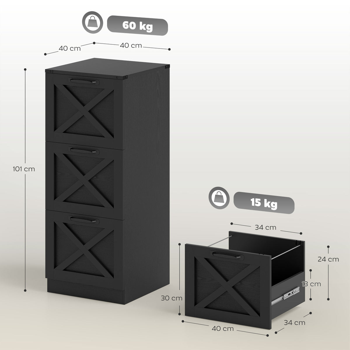 Caisson de bureau avec 3 tiroirs, dossiers suspendus pour formats lettre/A4, style rustique, 40x40x101cm, noir