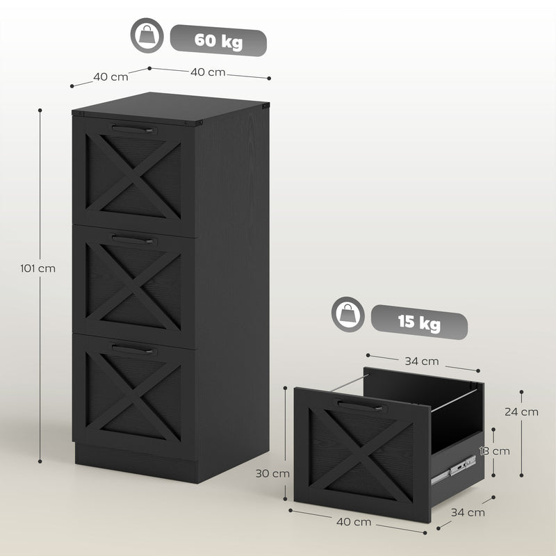 Caisson de Bureau avec 3 Tiroirs, Dossiers Suspendus pour Formats Lettre/A4, Style Rustique, 40x40x101cm, Noir