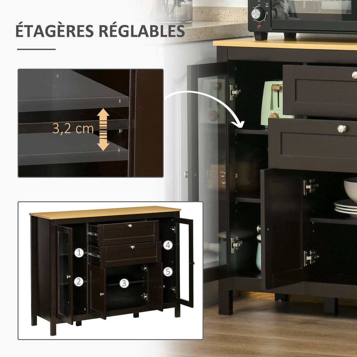 Buffet meuble de rangement 1 placard double porte 2 placards à porte vitrée 2 tiroirs étagère réglable 120x40x90cm noir