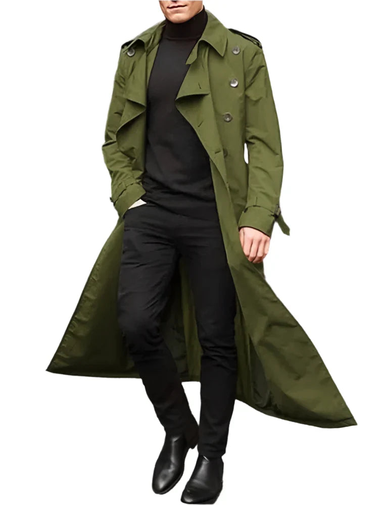 Trench-coat long streetwear homme avec épaulettes (vert armée)