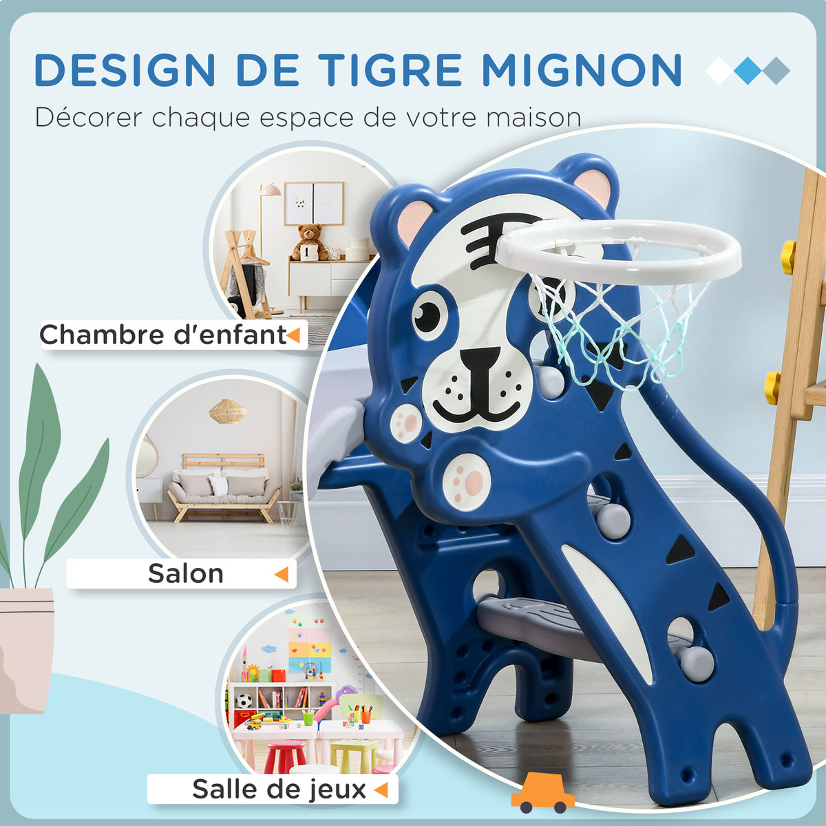 Tobogã infantil, escorrega infantil interior, com cesto de basquetebol, tema tigre, 18-36 meses, azul
