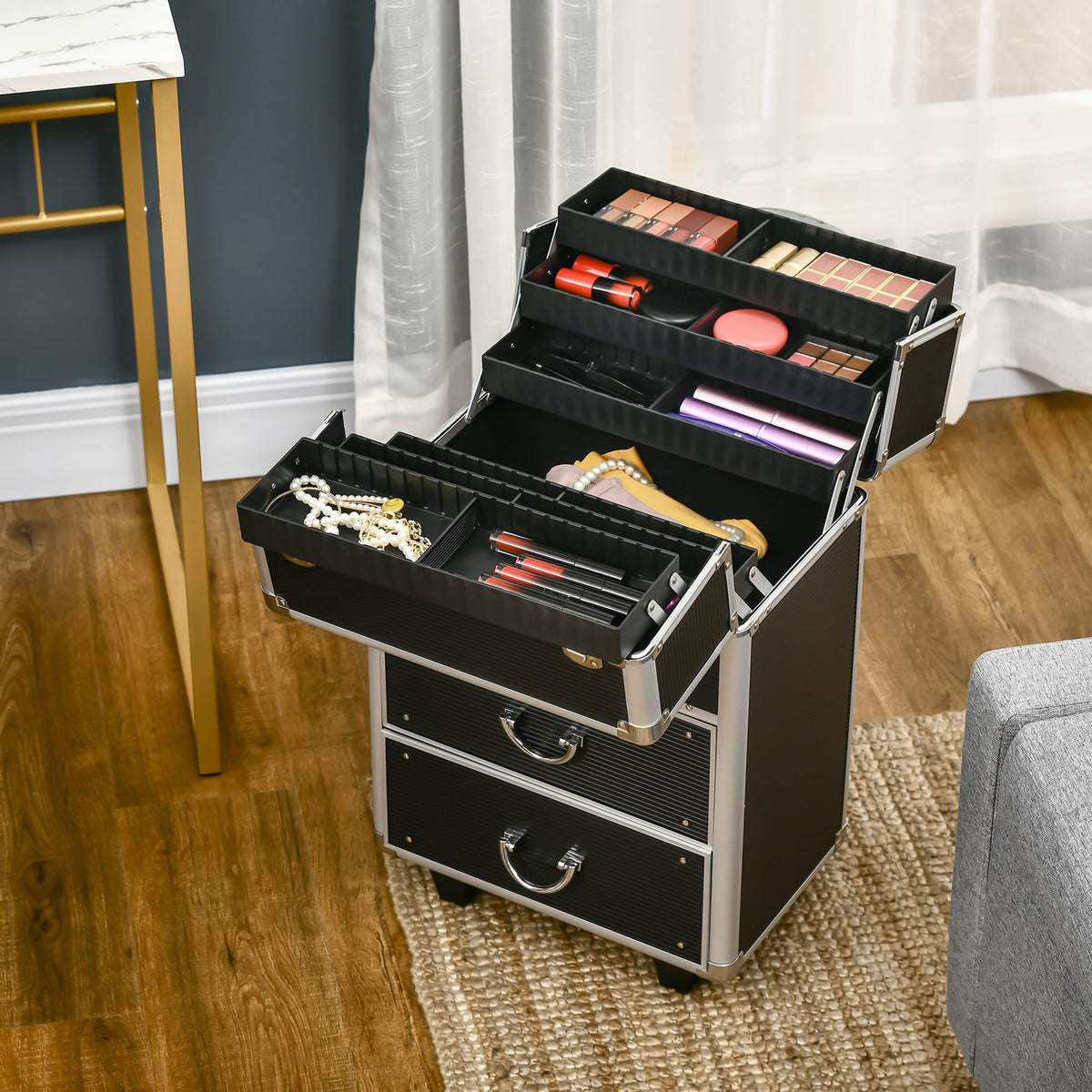 Valise trolley maquillage mallette cosmétique vanity poignée télescopique réglable 36L x 23l x 58H cm alu ABS noir