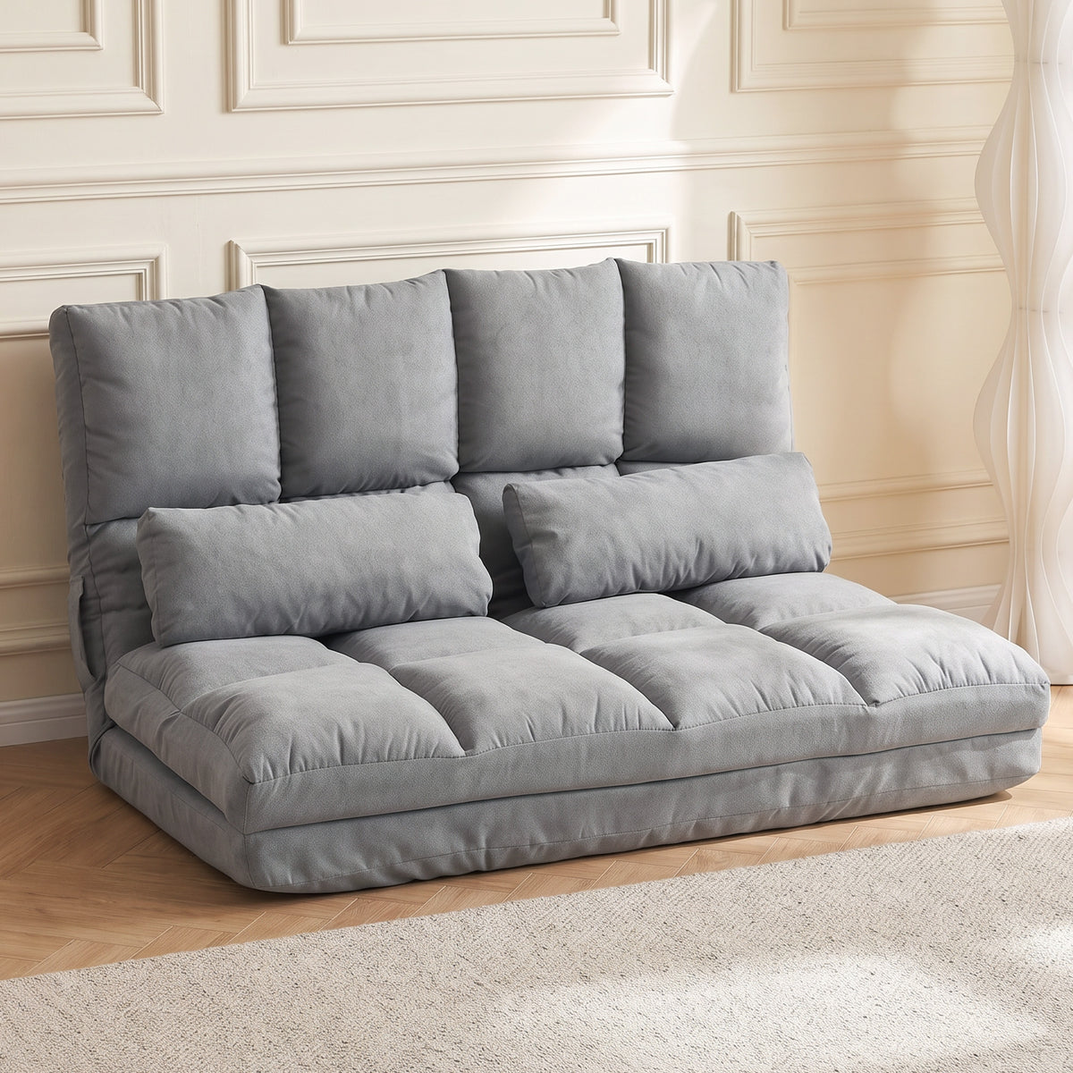Chauffeuse 2 places canapé-lit convertible fauteuil de sol pliable dossier réglable 2 coussins inclus en polyester aspect daim, pour salon, chambre et bureau, gris