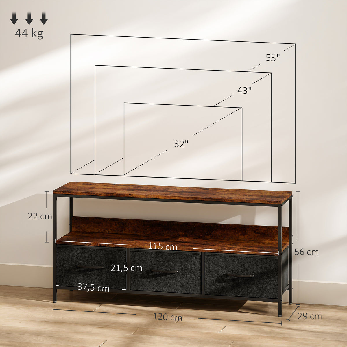 Meuble TV, meuble TV pour téléviseur jusqu'à 55 pouces avec 3 tiroirs et pieds en acier 120 x 29 x 56 cm brun rustique