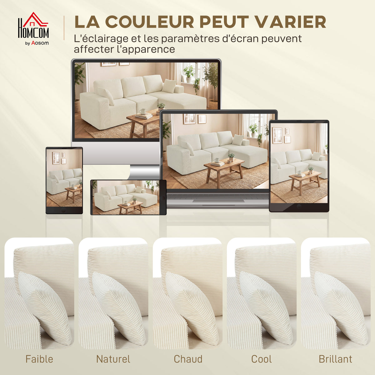 Canapé d'angle modulable 2 en 1, 267cm, canapé-lit 3 places en velours côtelé, assise et accoudoirs larges, crème