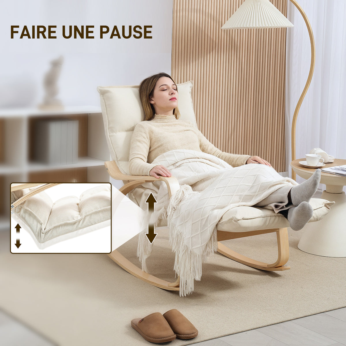 Fauteuil à bascule avec repose-pieds ajustable, rocking chair avec pieds en bois de bouleau, 67 x 106-123 x 92 cm, crème