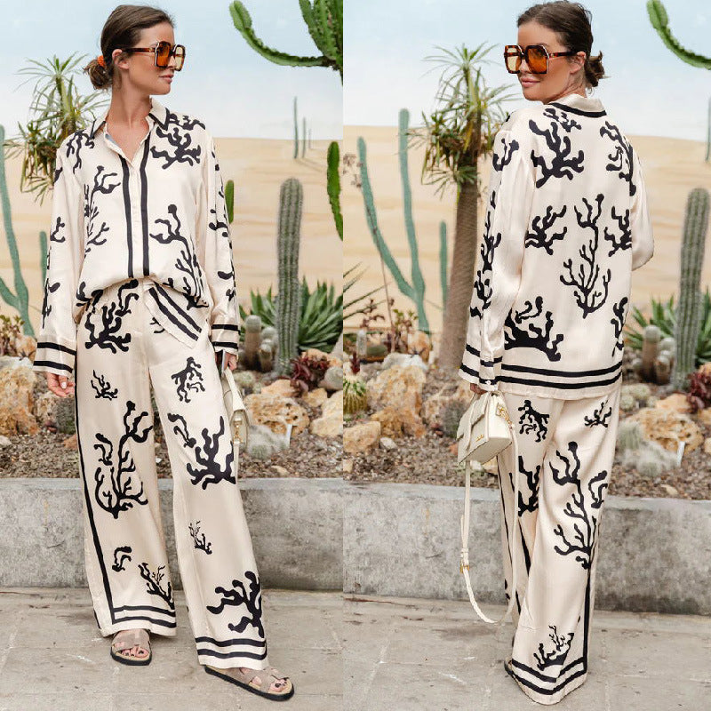 European and American printed color blocked satin vacation loose and casual two-piece set-0