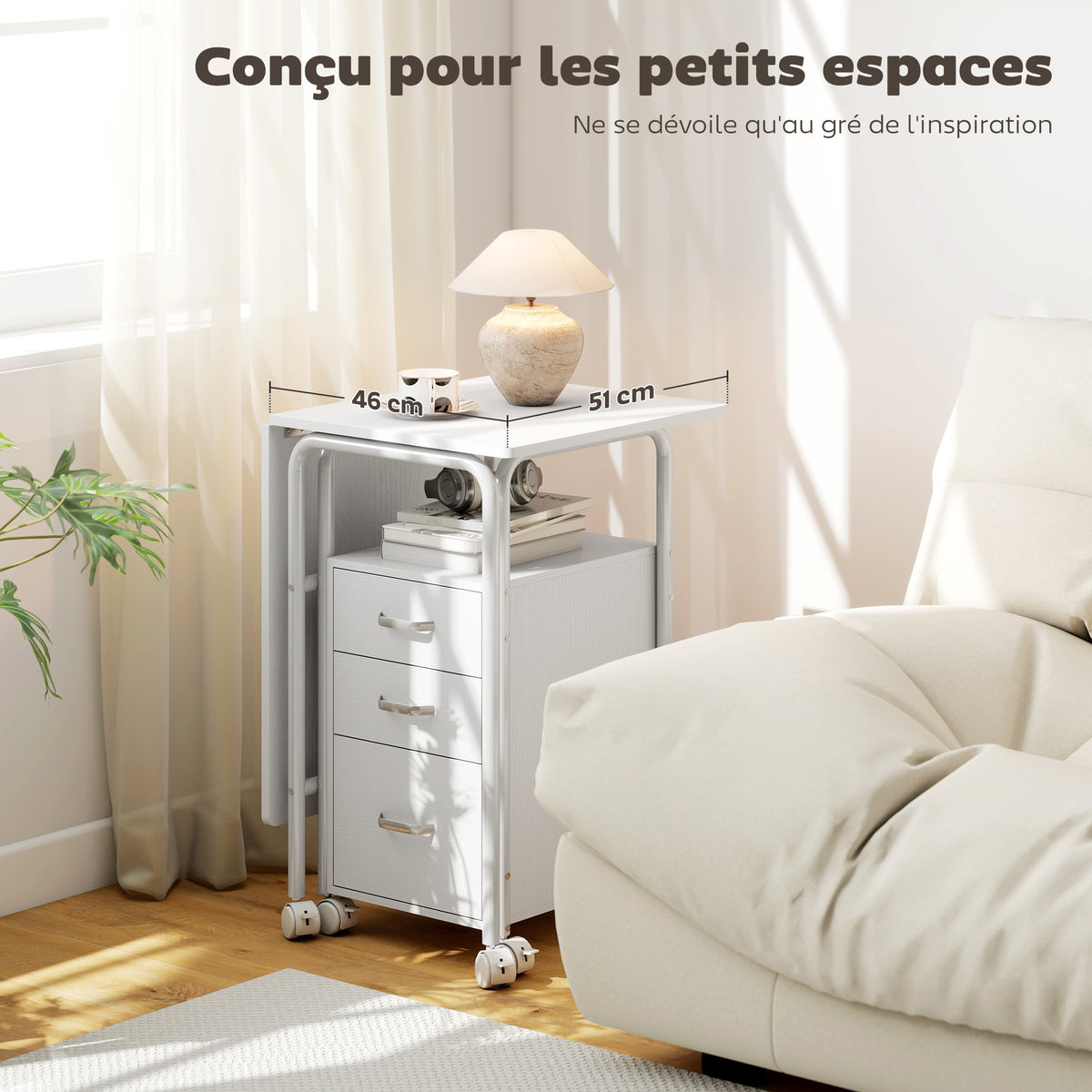 Bureau d'ordinateur pliable à roulettes, bureau avec rangement, 3 tiroirs, tablette coulissante, 105x51x75,5cm, blanc