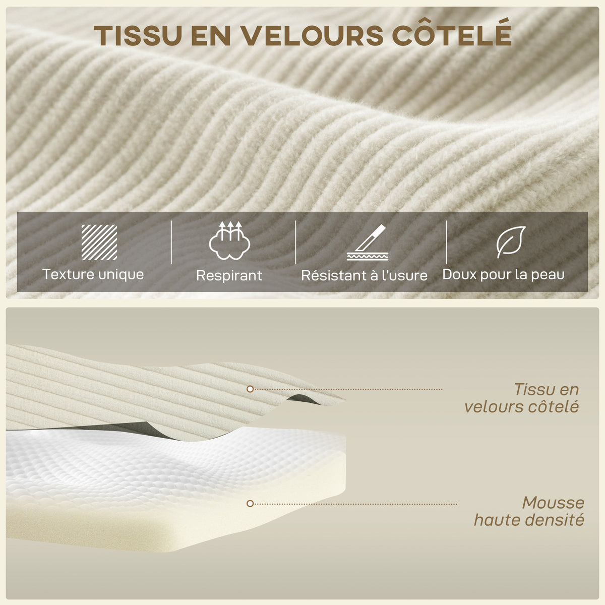 Canapé d'angle modulable 2 en 1, 267cm, canapé-lit 3 places en velours côtelé, assise et accoudoirs larges, crème