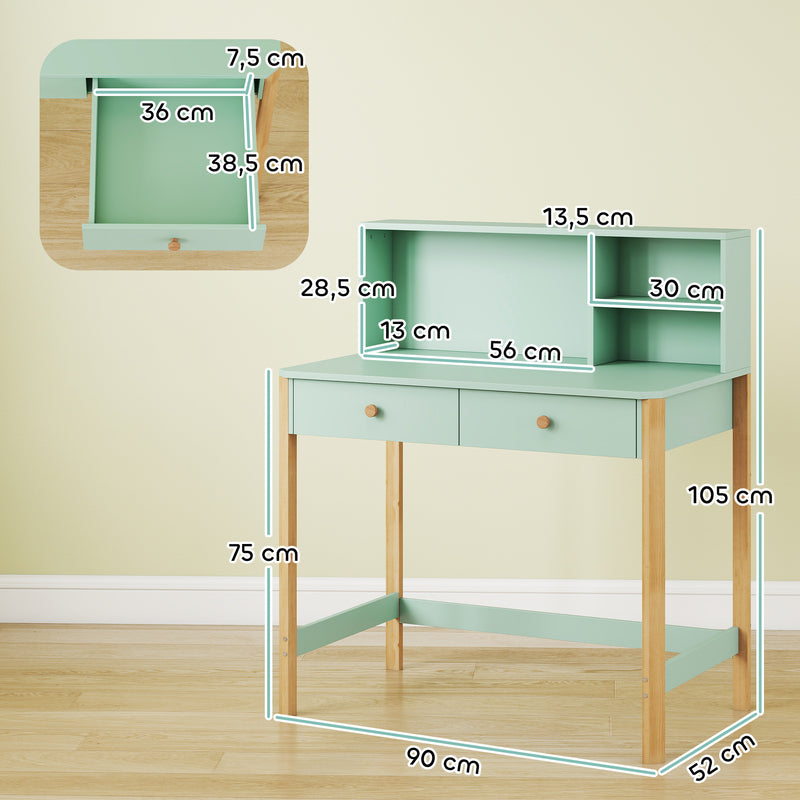 Bureau d'enfant en bois, avec rangement, 2 tiroirs et 3 compartiments ouverts, grand plateau, 90x52x105cm, vert