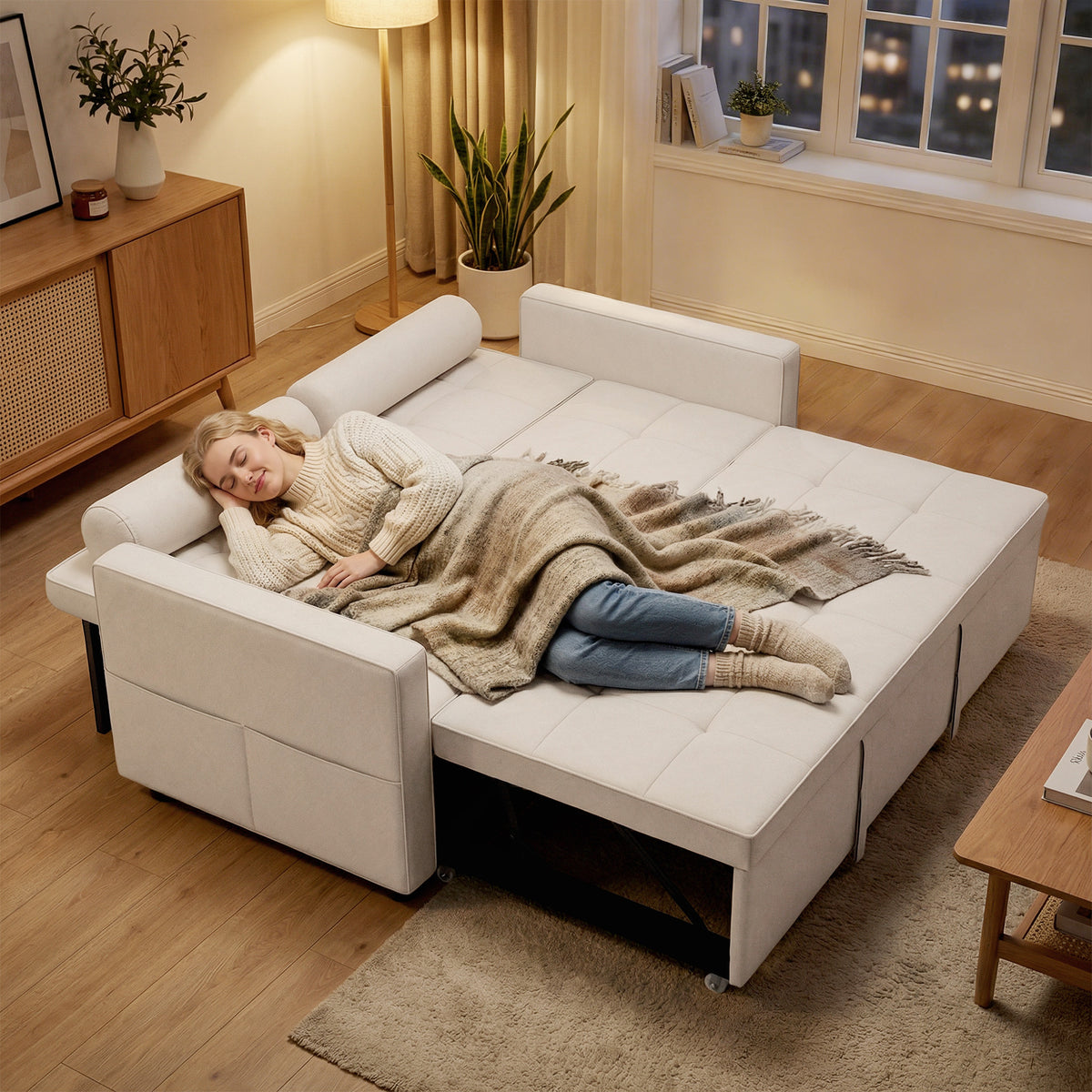 Canapé convertible 2 places 3 en 1 canapé-lit avec lit gigogne double dossier réglable 2 coussins 80,5x137,5x84cm beige