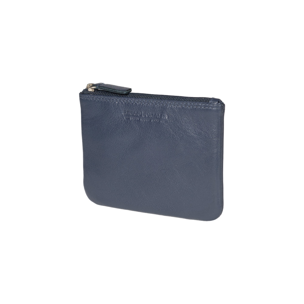 RB12032D | Key fob/coin pouch in genuine full-grain leather, with light grain. Blue color. RFID protection. Size: 13 x 9 x 0.5 cm. Packaging: gift box bottom/cover