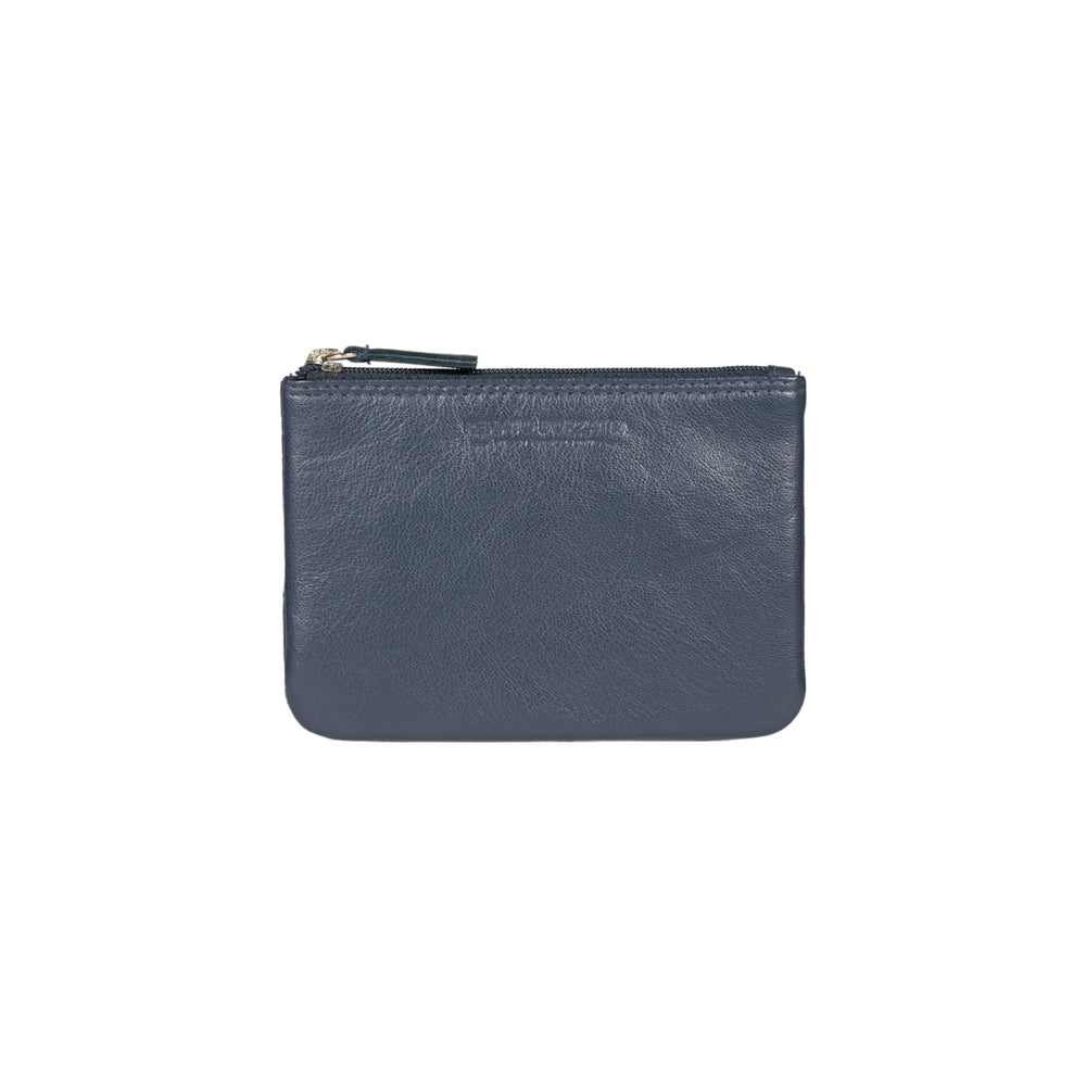 RB12032D | Key fob/coin pouch in genuine full-grain leather, with light grain. Blue color. RFID protection. Size: 13 x 9 x 0.5 cm. Packaging: gift box bottom/cover