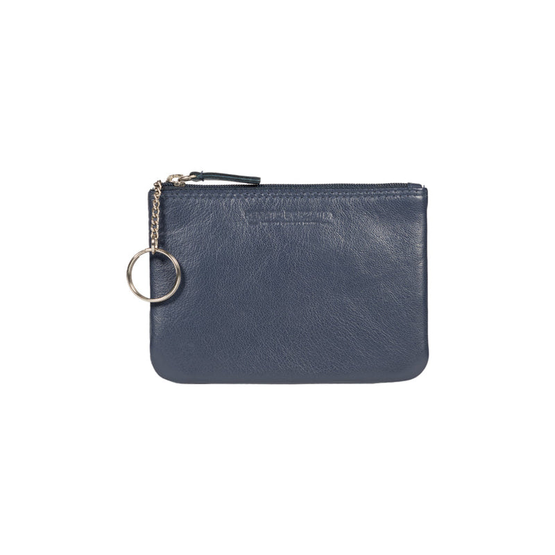 RB12032D | Key fob/coin pouch in genuine full-grain leather, with light grain. Blue color. RFID protection. Size: 13 x 9 x 0.5 cm. Packaging: gift box bottom/cover