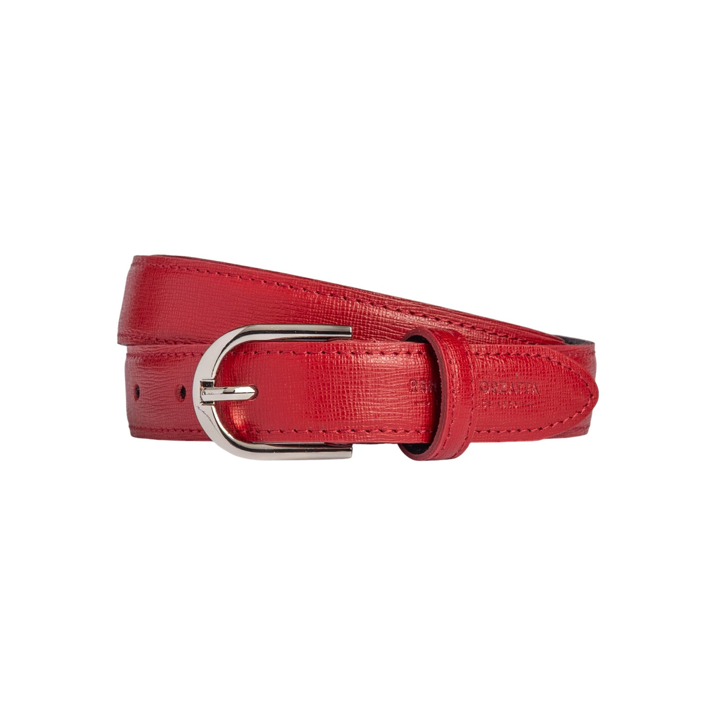 RB4016V | Women's Belt Made in Italy in Genuine Saffiano Leather. Polished Silver Buckle. Color: Red. Dimensions: 115 x 2.5 x 0.5 cm (waistline 100 cm)
