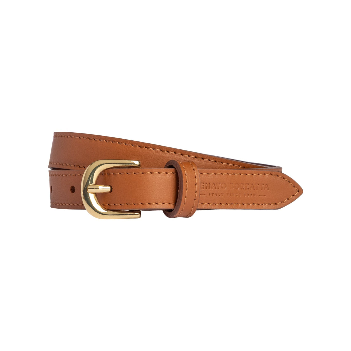 RB4018S | Women's Belt Made in Italy in Soft Genuine Sauvage Leather. Polished Gold-Finish Buckle. Cognac Color. Dimensions: 115 x 2.0 x 0.5 cm (waistline 100 cm)