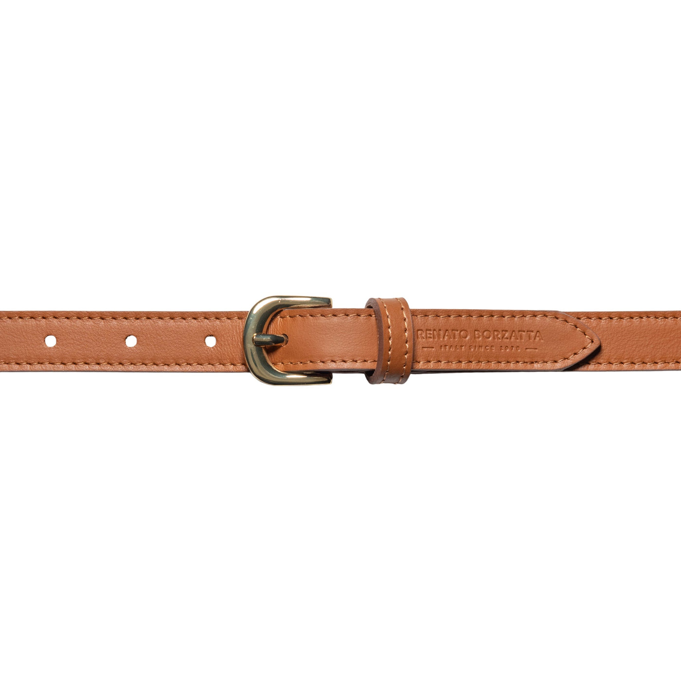 RB4018S | Women's Belt Made in Italy in Soft Genuine Sauvage Leather. Polished Gold-Finish Buckle. Cognac Color. Dimensions: 115 x 2.0 x 0.5 cm (waistline 100 cm)