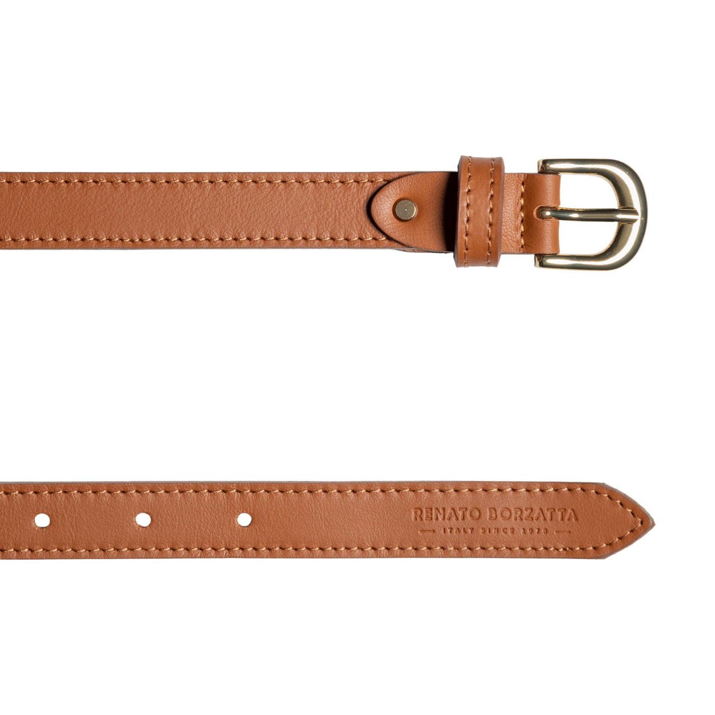 RB4018S | Women's Belt Made in Italy in Soft Genuine Sauvage Leather. Polished Gold-Finish Buckle. Cognac Color. Dimensions: 115 x 2.0 x 0.5 cm (waistline 100 cm)