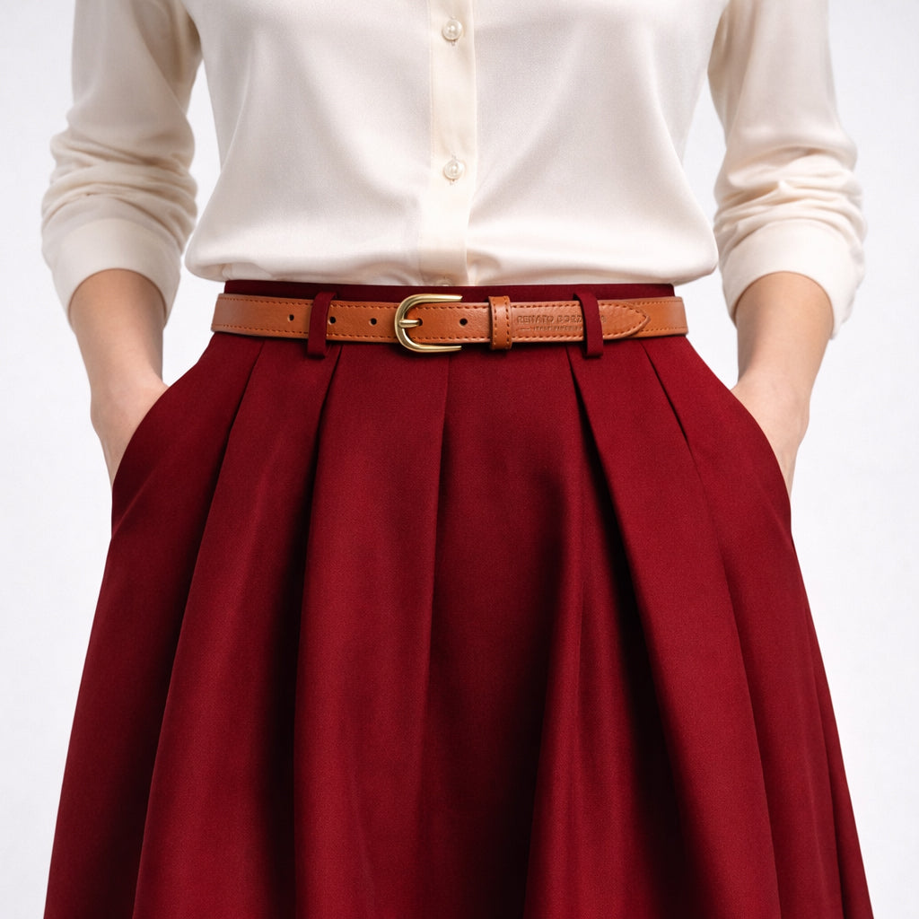 RB4018S | Women's Belt Made in Italy in Soft Genuine Sauvage Leather. Polished Gold-Finish Buckle. Cognac Color. Dimensions: 115 x 2.0 x 0.5 cm (waistline 100 cm)
