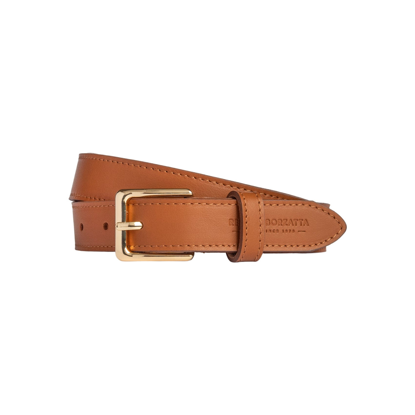 RB4019S | Women's Belt Made in Italy in Soft Genuine Sauvage Leather. Polished Gold-Finish Buckle. Cognac Color. Dimensions: 115 x 2.5 x 0.5 cm (waistline 100 cm)