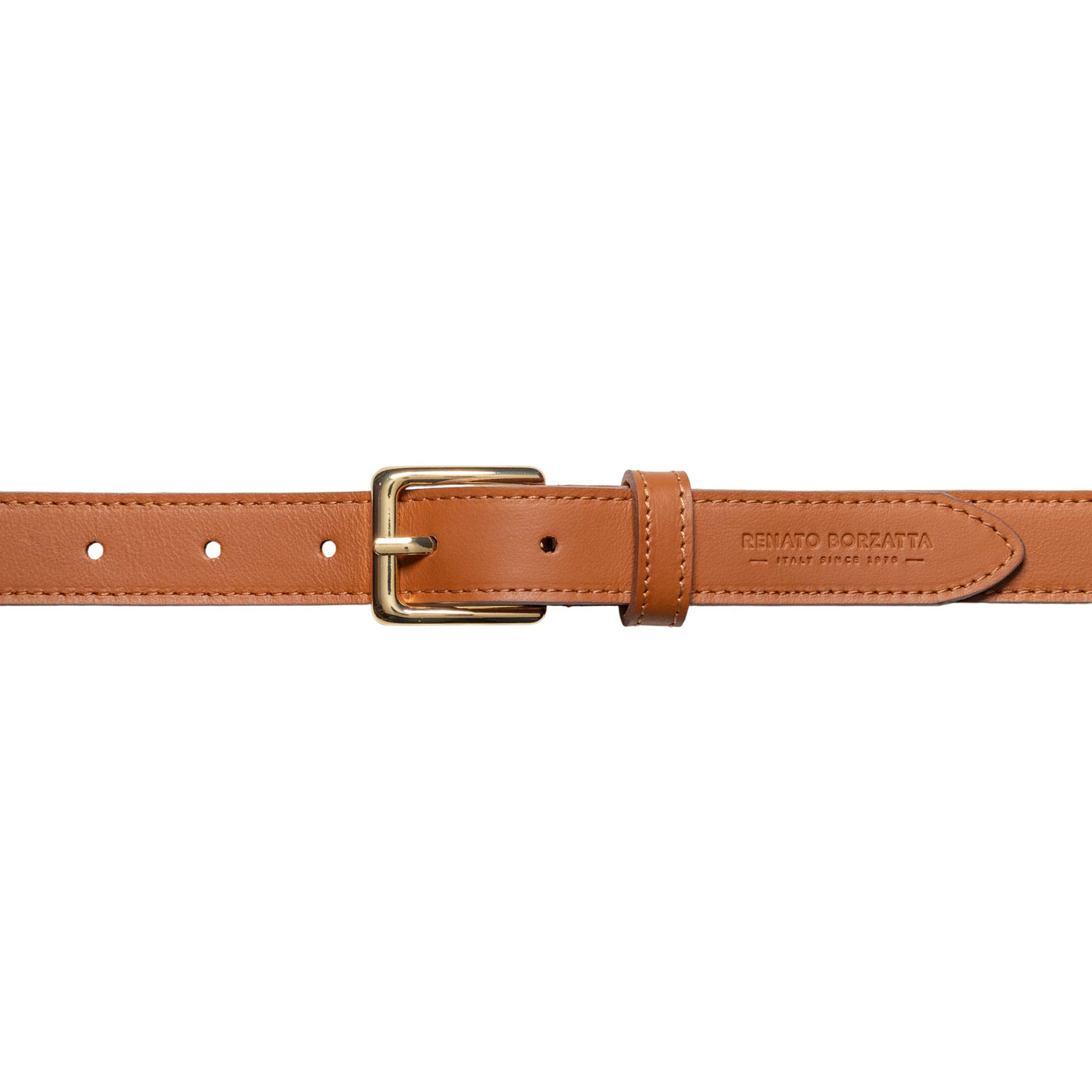 RB4019S | Women's Belt Made in Italy in Soft Genuine Sauvage Leather. Polished Gold-Finish Buckle. Cognac Color. Dimensions: 115 x 2.5 x 0.5 cm (waistline 100 cm)