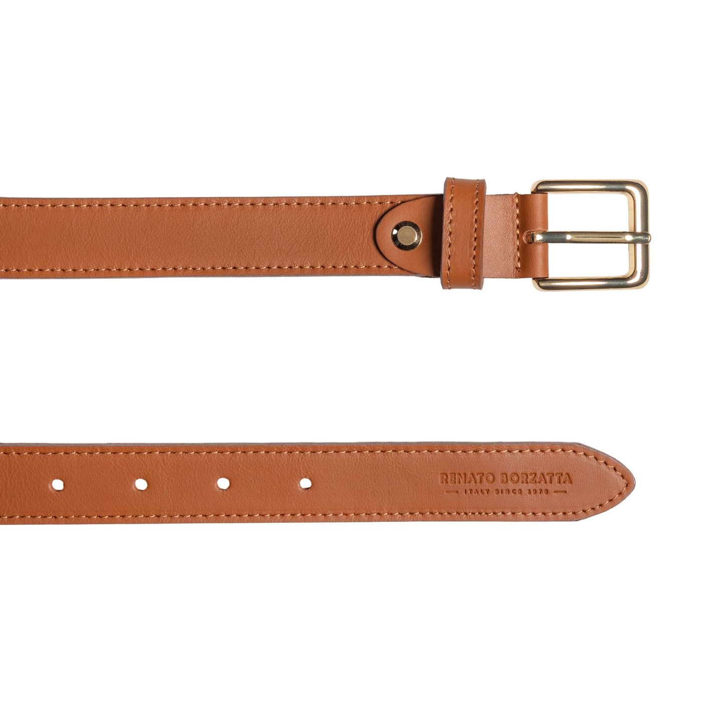 RB4019S | Women's Belt Made in Italy in Soft Genuine Sauvage Leather. Polished Gold-Finish Buckle. Cognac Color. Dimensions: 115 x 2.5 x 0.5 cm (waistline 100 cm)