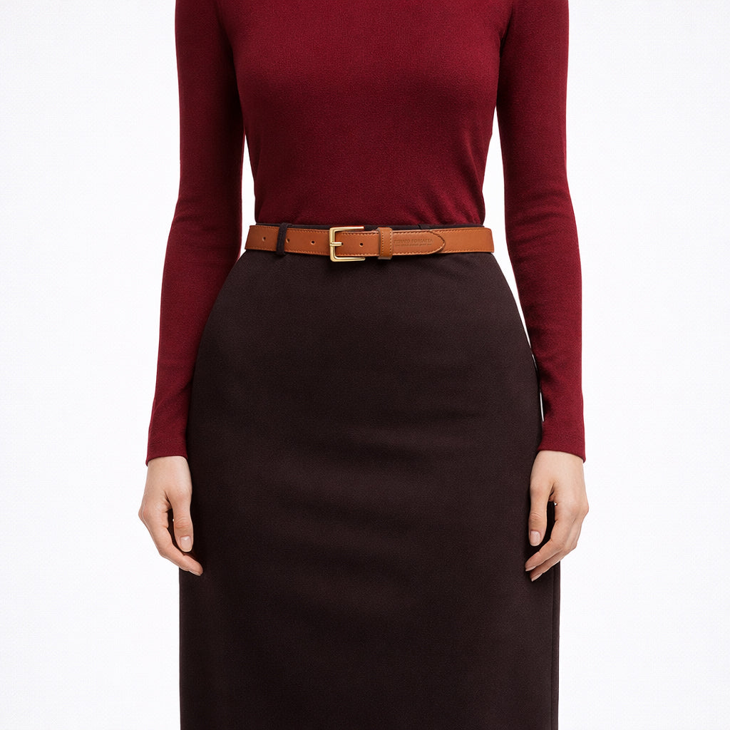 RB4019S | Women's Belt Made in Italy in Soft Genuine Sauvage Leather. Polished Gold-Finish Buckle. Cognac Color. Dimensions: 115 x 2.5 x 0.5 cm (waistline 100 cm)