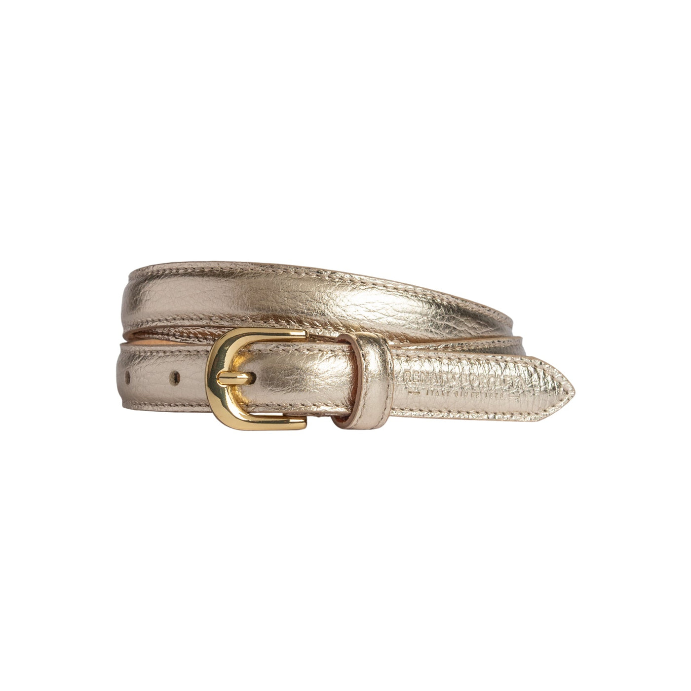 RB4021AS | Women's Belt Made in Italy in Genuine Dollar Grain Leather. Polished Gold-Finish Buckle. Gold Color. Dimensions: 115 x 2.0 x 0.5 cm (waistline 100 cm)