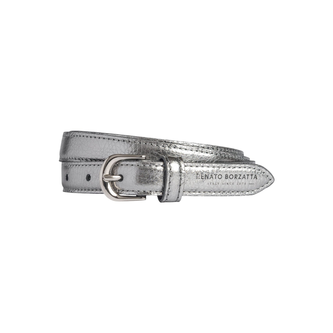 RB4021AY | Women's Belt Made in Italy in Genuine Dollar Grain Leather. Polished Silver Buckle. Gunmetal Color. Dimensions: 115 x 2.0 x 0.5 cm (waistline 100 cm)