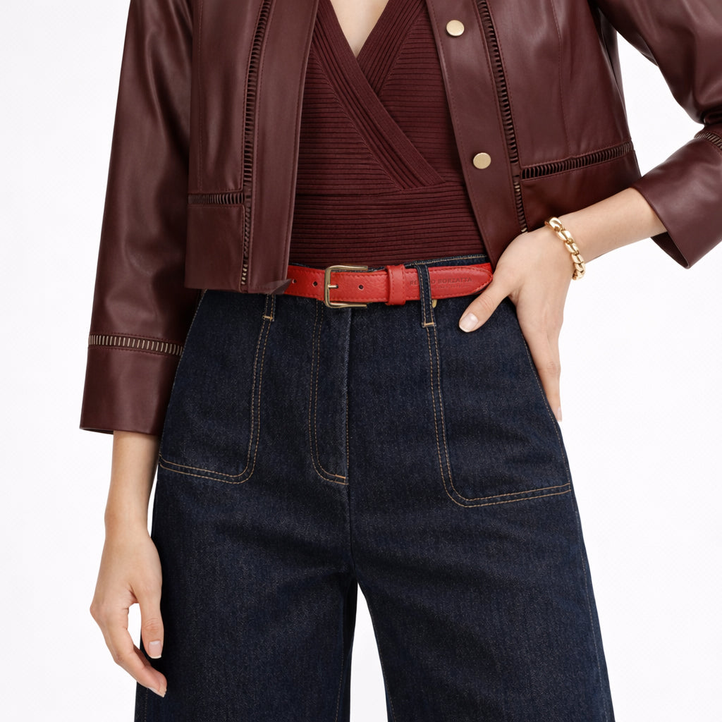 RB4023AM | Women's Belt Made in Italy in Genuine Dollar Grain Leather. Polished Gold Buckle. Paprika Color. Dimensions: 115 x 3.0 x 0.5 cm (waistline 100 cm)