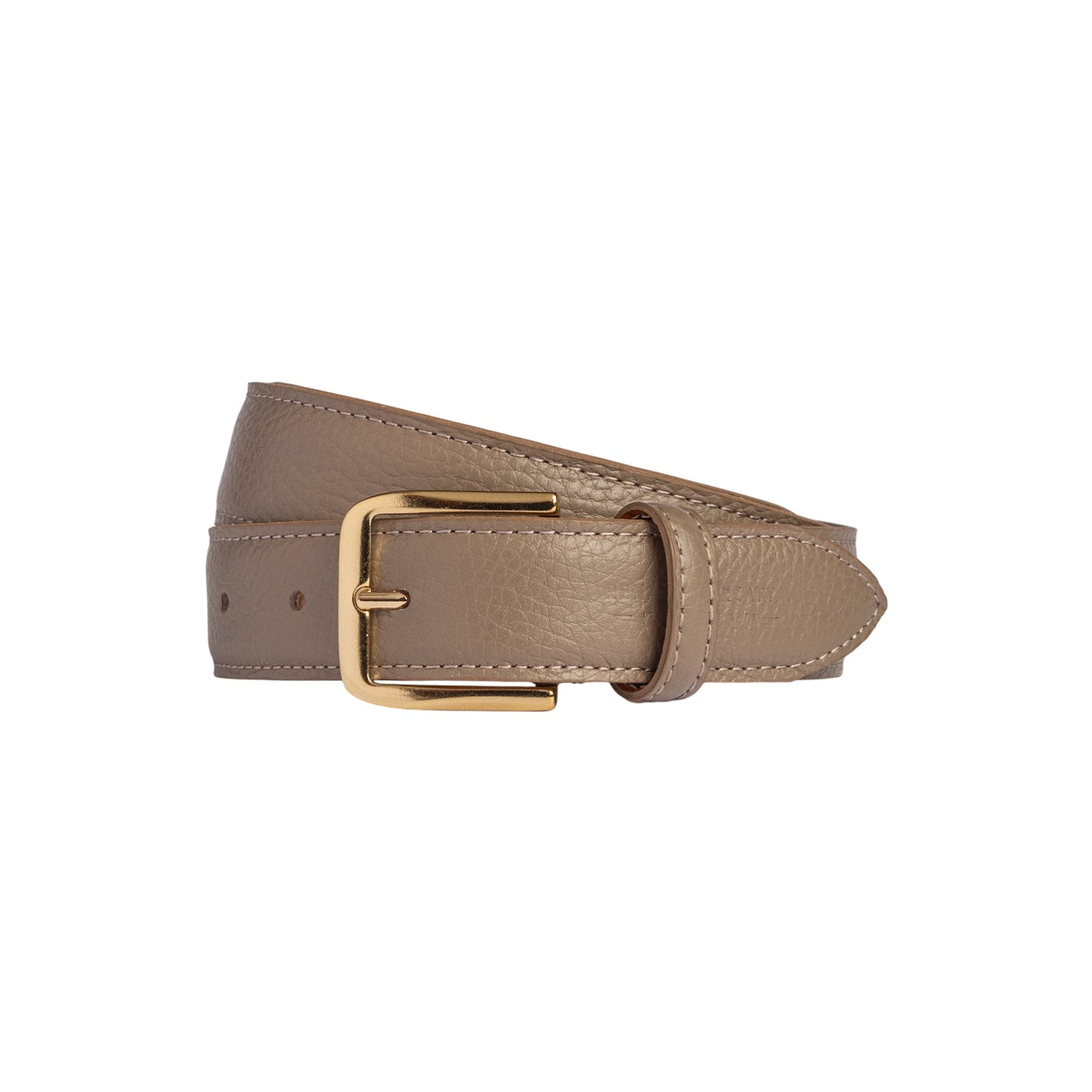 RB4023AQ | Women's Belt Made in Italy in Genuine Dollar Grain Leather. Polished Gold-Finish Buckle. Taupe Color. Dimensions: 115 x 3.0 x 0.5 cm (waistline 100 cm)