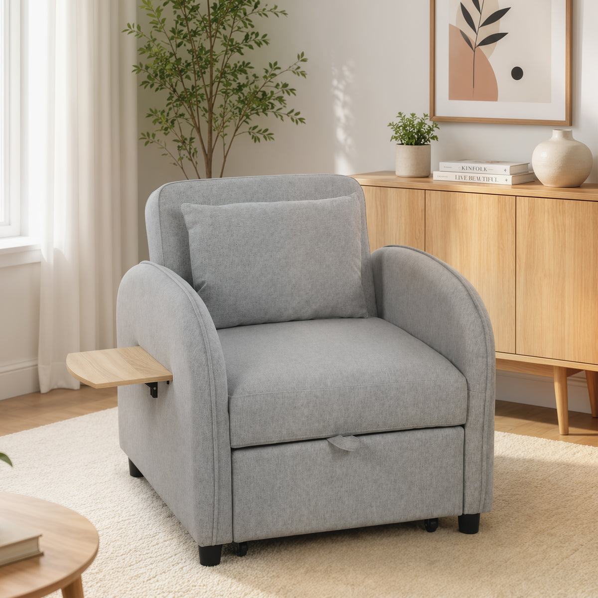 Fauteuil Convertible 1 Place, Fauteuil-Lit Clic-Clac 3 en 1, Dossier Réglable, Tablette Latérale Rabattable, Gris