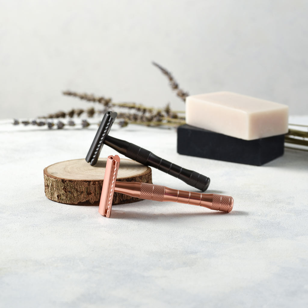 Máquinas de Barbear de Segurança Reutilizáveis Rose Gold ou Preto (Cabo Grosso)