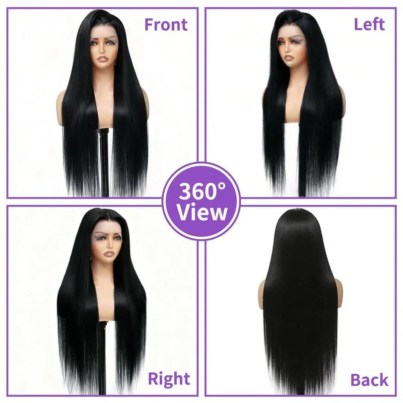 Perruque Lace Front Cheveux Humains 42 Pouces 12A Vierge Raides 200 Densité Douces 13x6 Perruques Lace Front Cheveux Humains Pré-épilées Ligne de Cheveux Invisible Perruque HD Frontale Sans Colle Noir Naturel