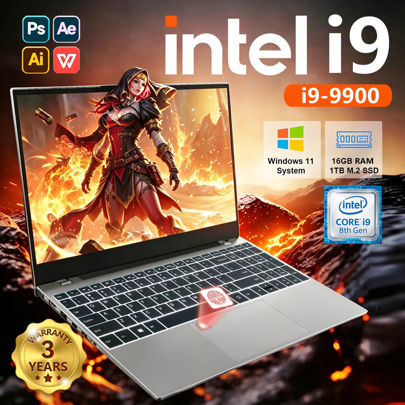 Laptop Ultra Slim de 15.6' 2026 com Intel Core I9-9900, 16GB de RAM, 1/2TB SSD, Windows 11, Desbloqueio por Impressão Digital, Laptop para Escritório e Jogos com Teclado Retroiluminado