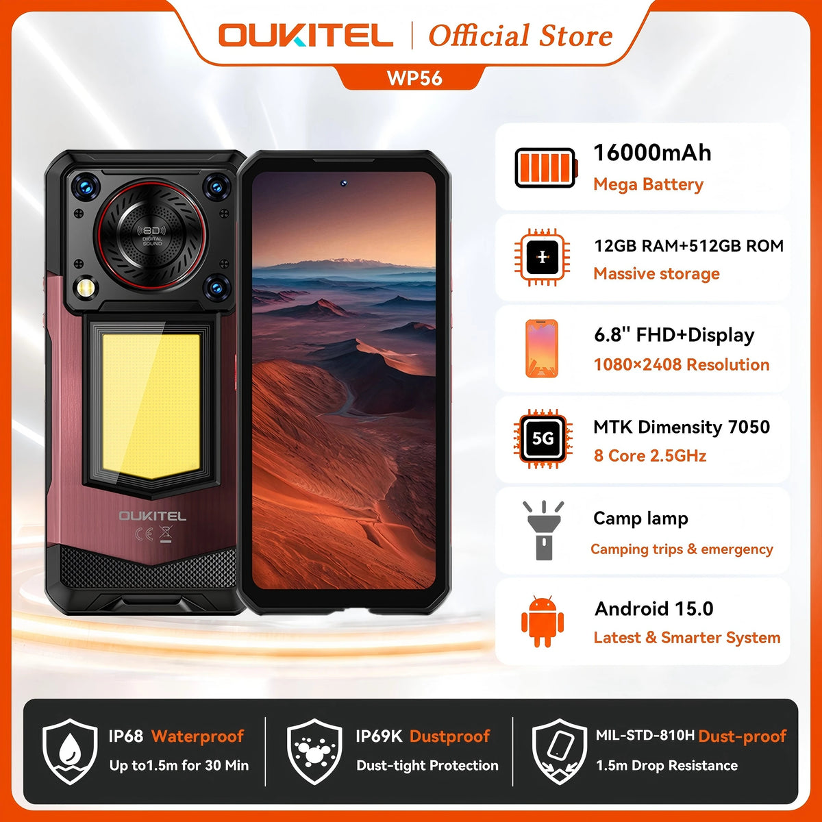 OUKITEL WP56 5G Telefone Robusto com Bateria de 16000mAh, Câmera de 108MP, Smartphone Android NFC, 12GB+512GB, Tela de 6.8" 120Hz, À Prova D'água para Uso Externo