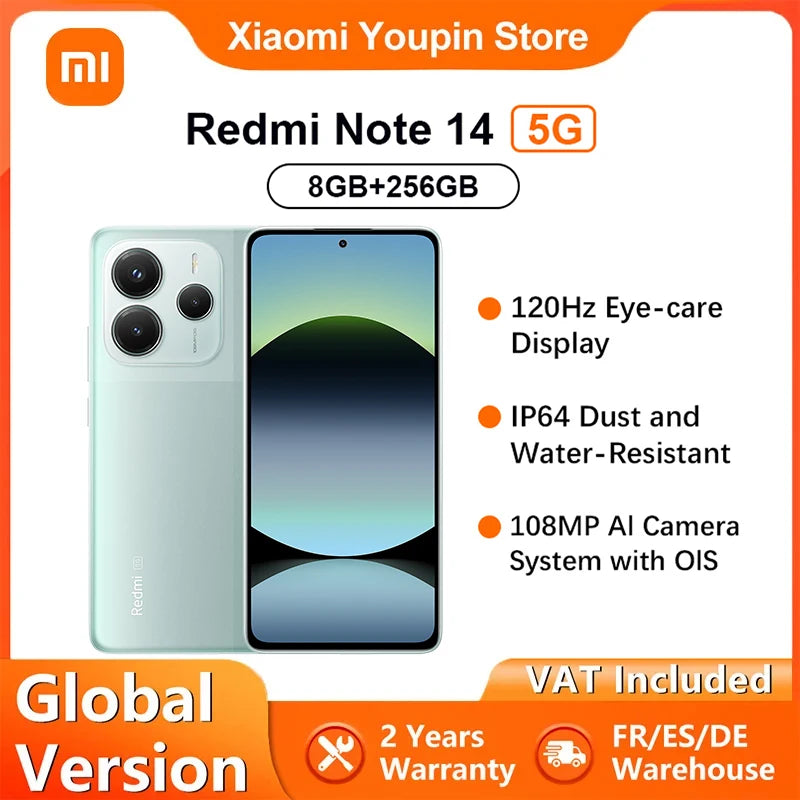 Versão Global Xiaomi Redmi Note 14 5G Smartphone 5G MTK Dimensity 7025-Ultra Câmera de 108MP 5110mAh Carregamento Turbo de 45W NFC
